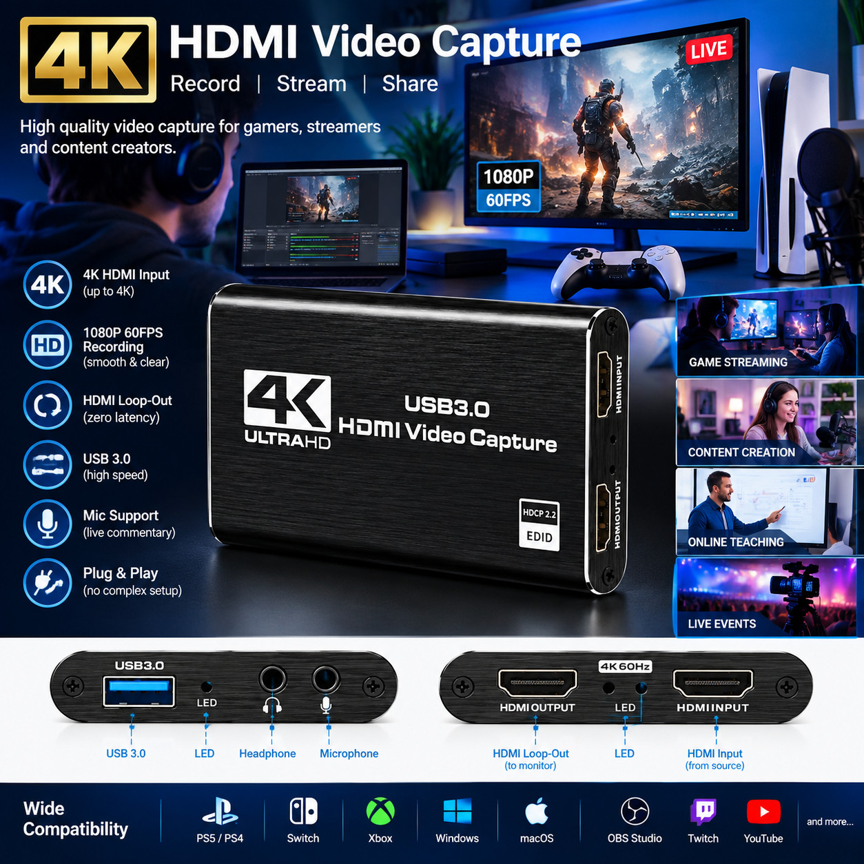 4K HDMI Video Capture Card USB 3.0 1080P 60FPS Loop Out Mic Gaming PC PS5