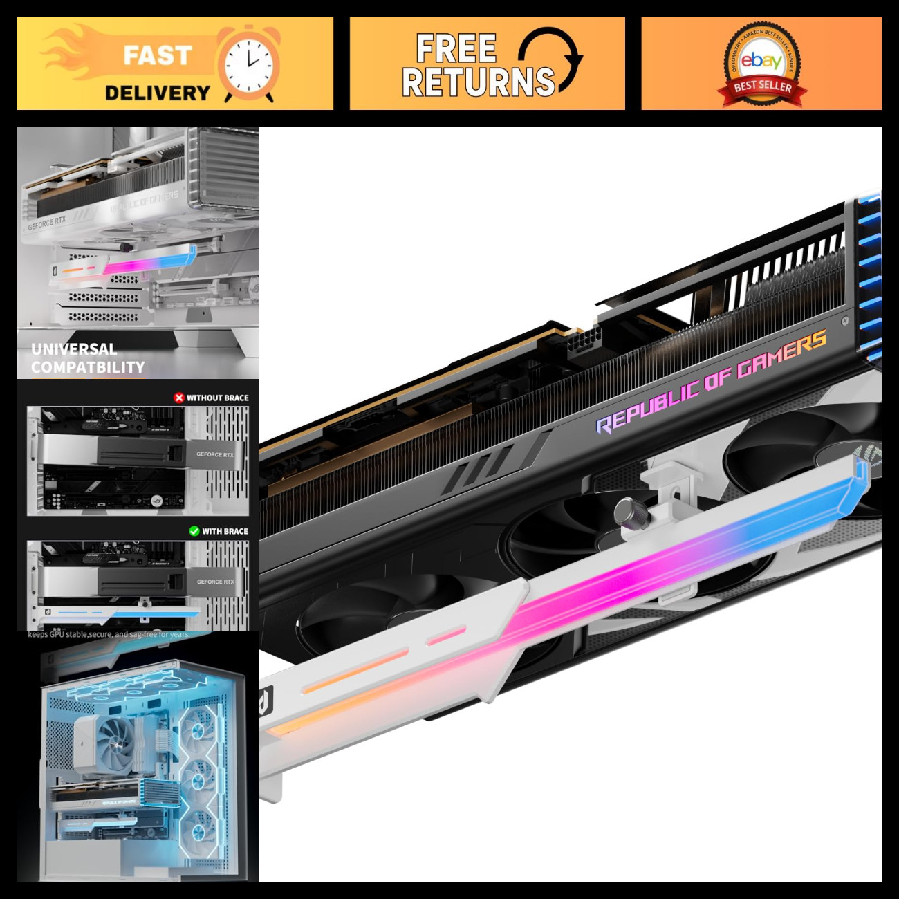 RGB Graphics Card GPU Brace Support, Adjustable Height & Length, ARGB Strip, Ant