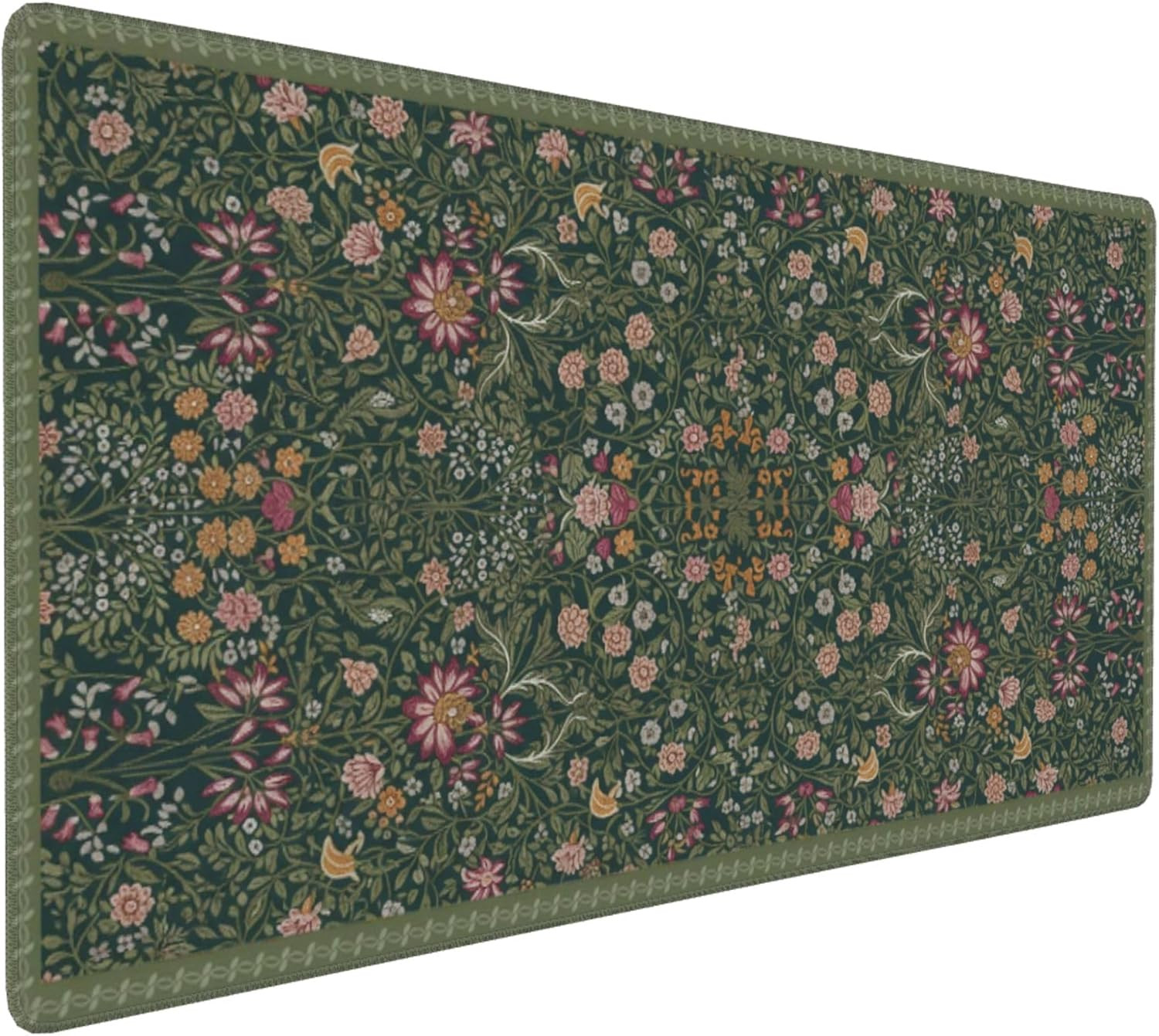 Dark Green Floral XXL Desk Mat, Extra Large Mouse Pad with Anti-Slip Base & Stit