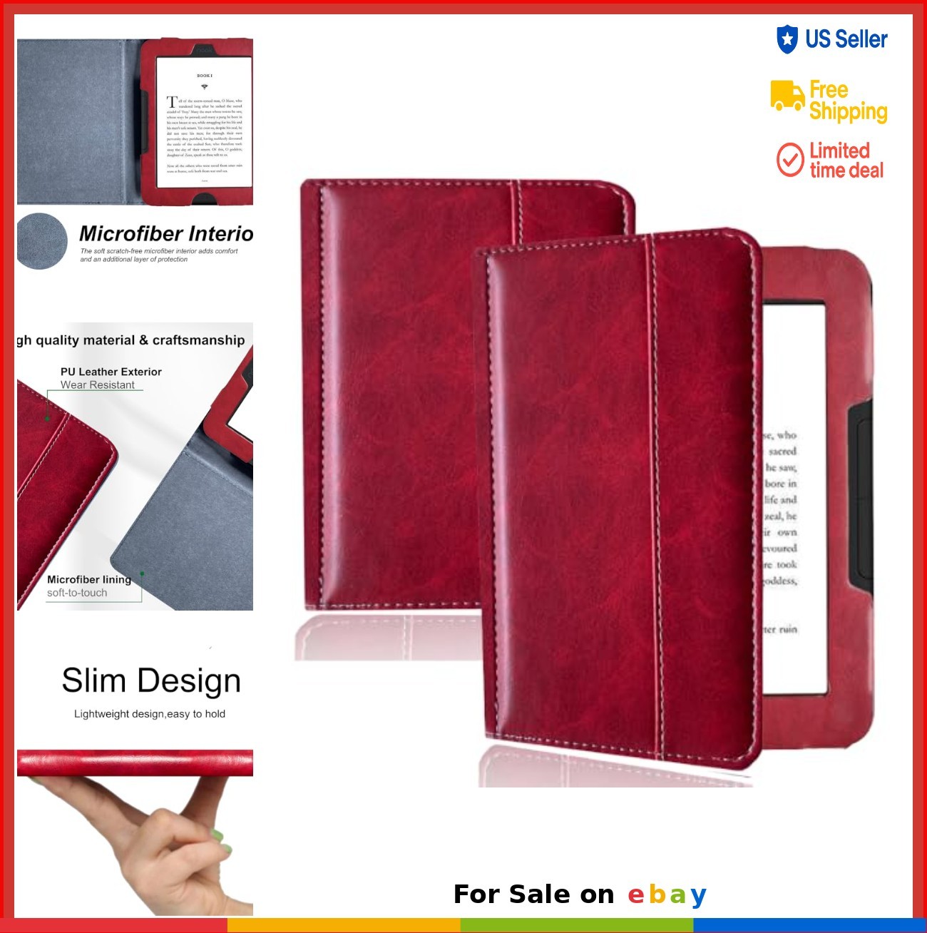 Case for Nook GlowLight 4 4e eReader Leather Cover Wine Red Magnetic Closure 6