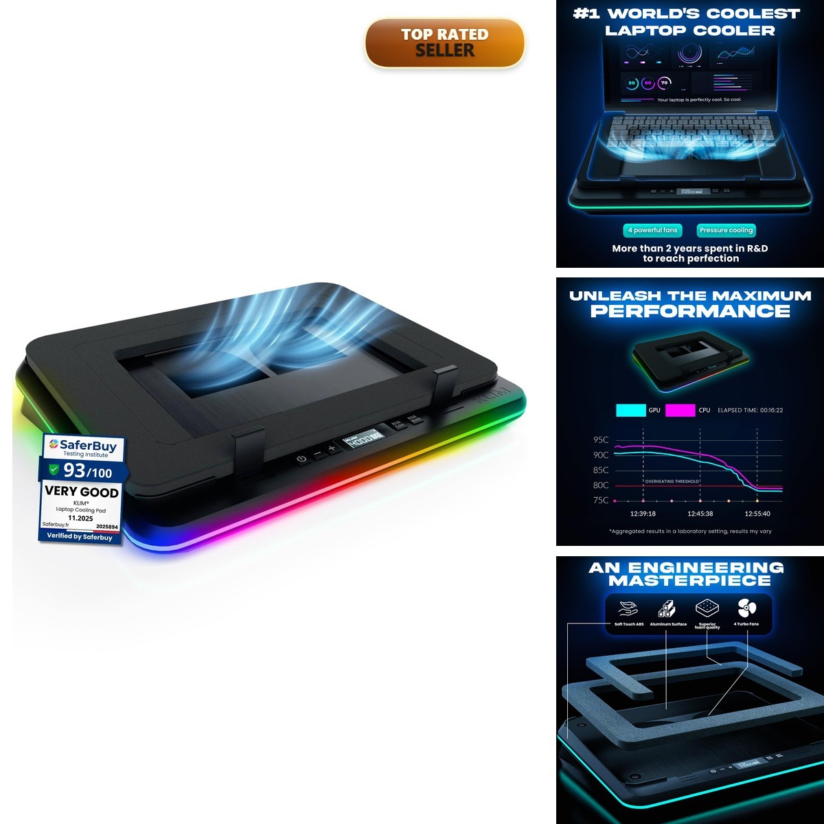 KLIM Turbofrost Gaming Laptop Cooling Pad - 4 Fans, RGB, 17in Aluminum