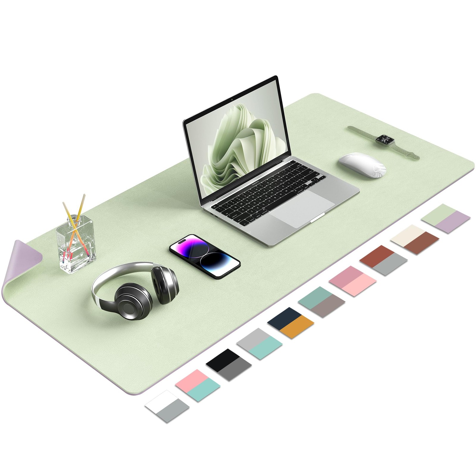 DoubleSided PU Leather Desk Pad NonSlip Large Mouse Mat Matcha Green 36x17