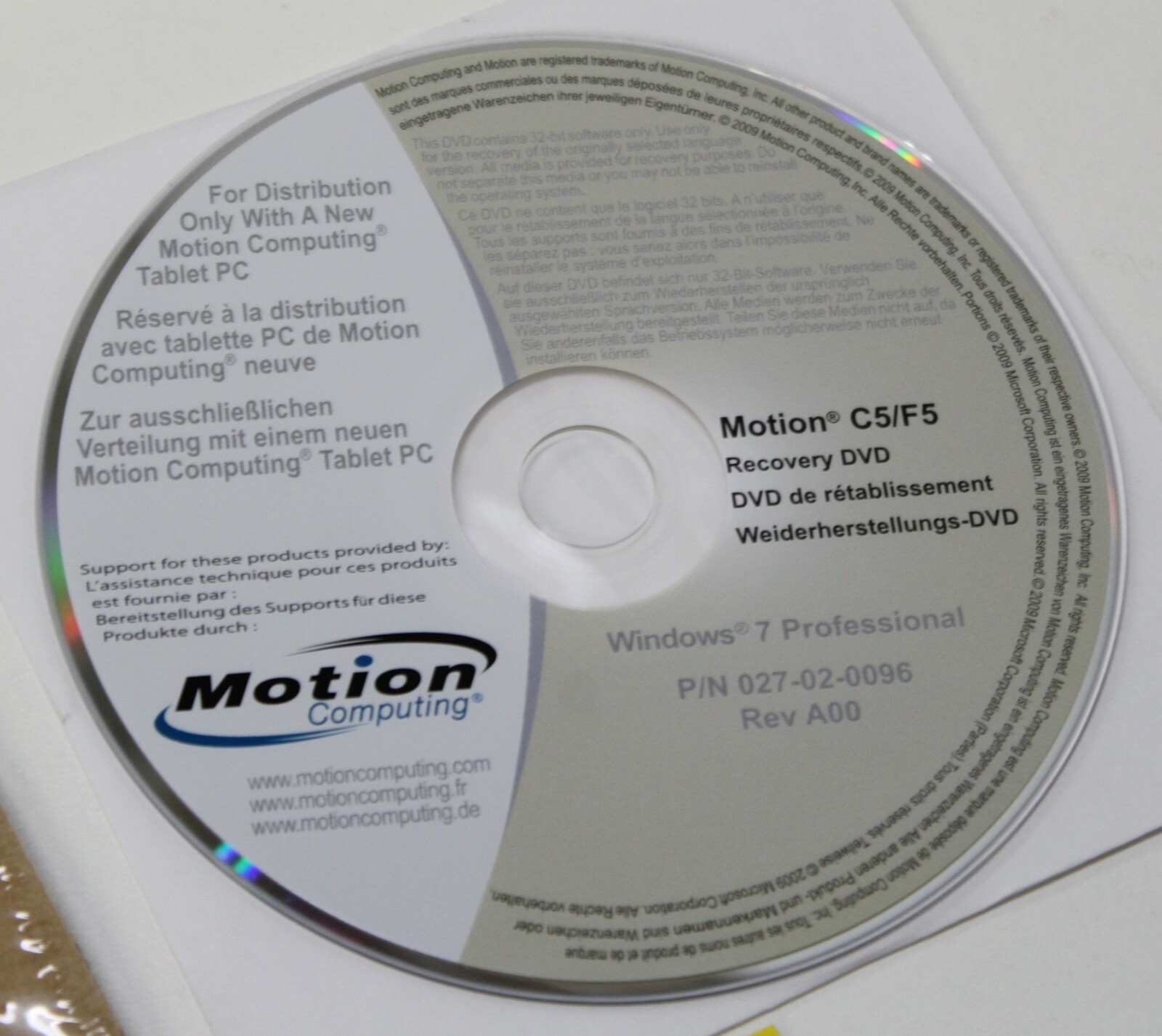 Motion Computing C5/F5 Recovery DVD Windows 7 / XP 1535-040HOMC 
