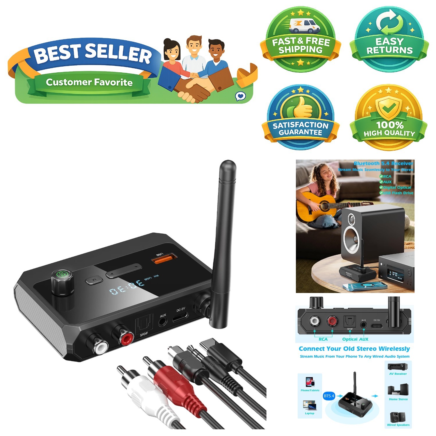 Bluetooth 5.4 Audio Receiver for Home Stereo - Upgrade Your Vintage Sound System