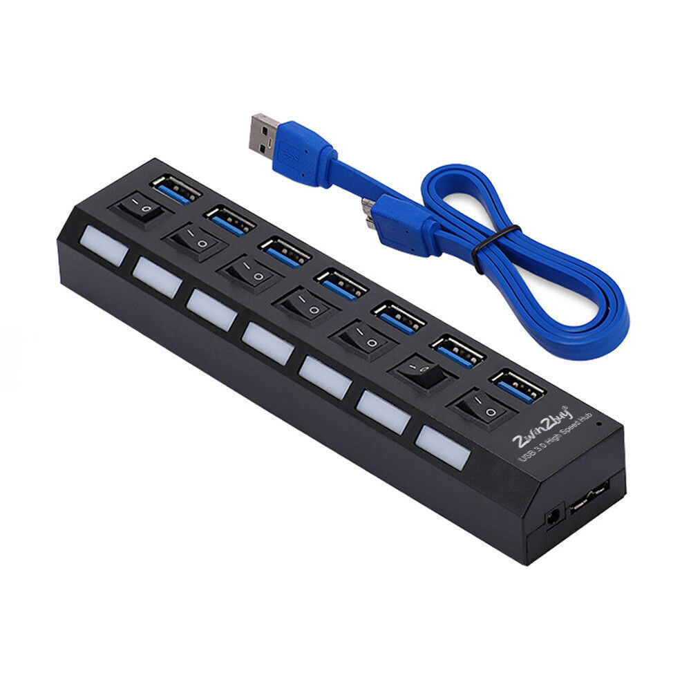  3.0 Hub 7 Ports Powered USB On/Off Switches Splitter AC Adapter Cable PC Laptop
