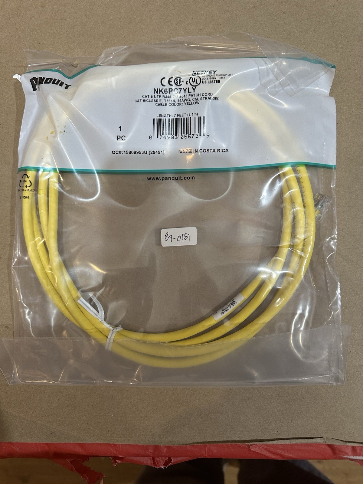 NEW 1  Panduit - Netkey - NK6PC7YLY Cat 6 UTP RJ45 7' YELLOW Patch Cord