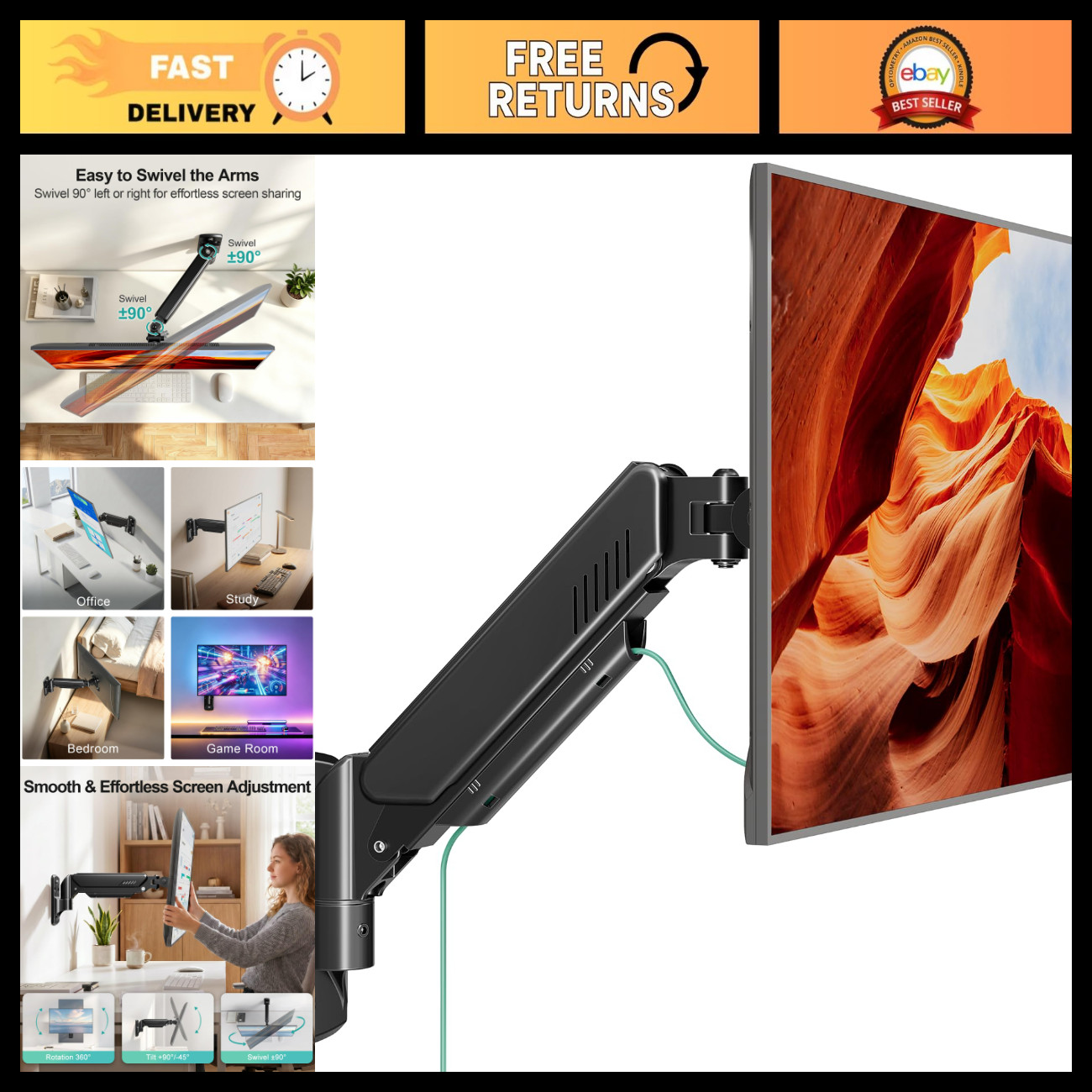Adjustable Monitor Wall Mount, 14.7" Short Arm for Up to 32" Screens, Space-Savi