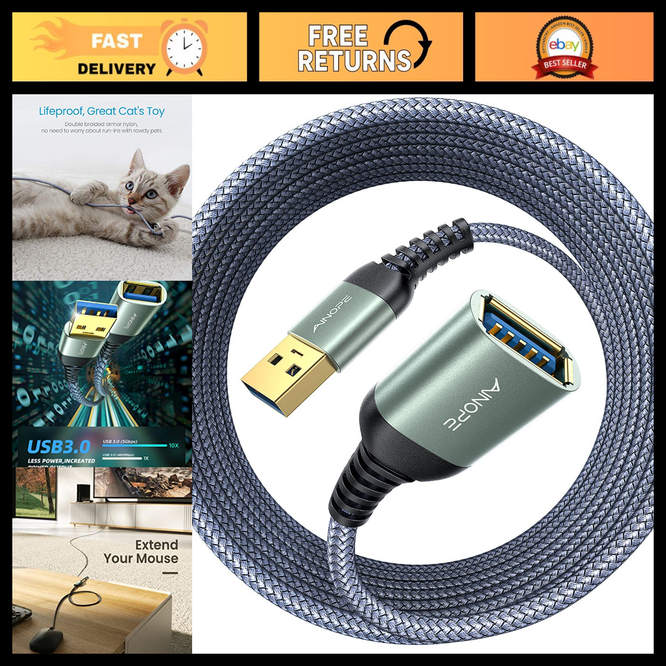 USB 3.0 Extension Cable 2 Pack, 20FT Braided Cord, Fast Data Transfer, Type A Ma