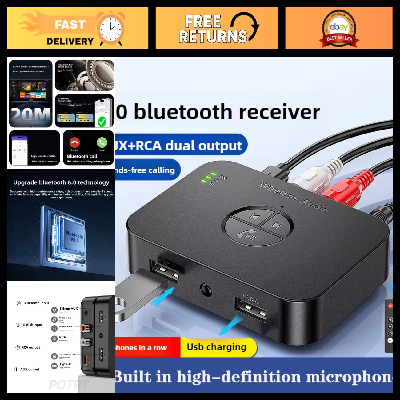 Wireless Bluetooth 6.0 Audio Receiver - 3.5mm AUX & RCA, U-Disk Playback, Remote