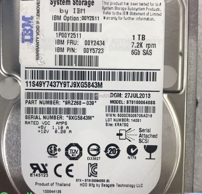 00Y2434 00Y2511 00Y5723 IBM 7.2K 1TB RPM 6Gbps SAS NL 2.5" HDD Hard Disk Drive