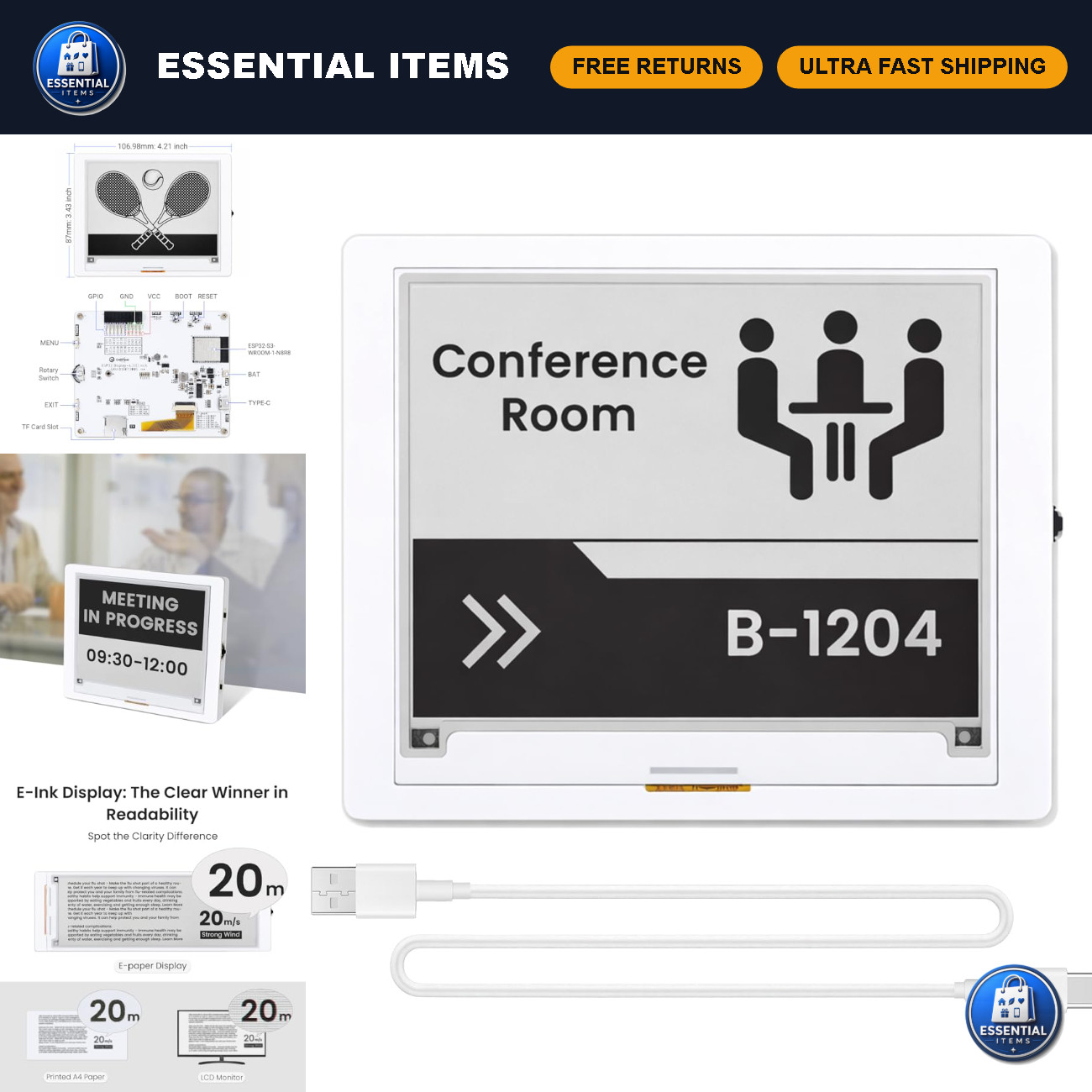 4.2" E-Ink Display E-Paper HMI Screen, Black/White, ESP32 Compatible, DIY Projec