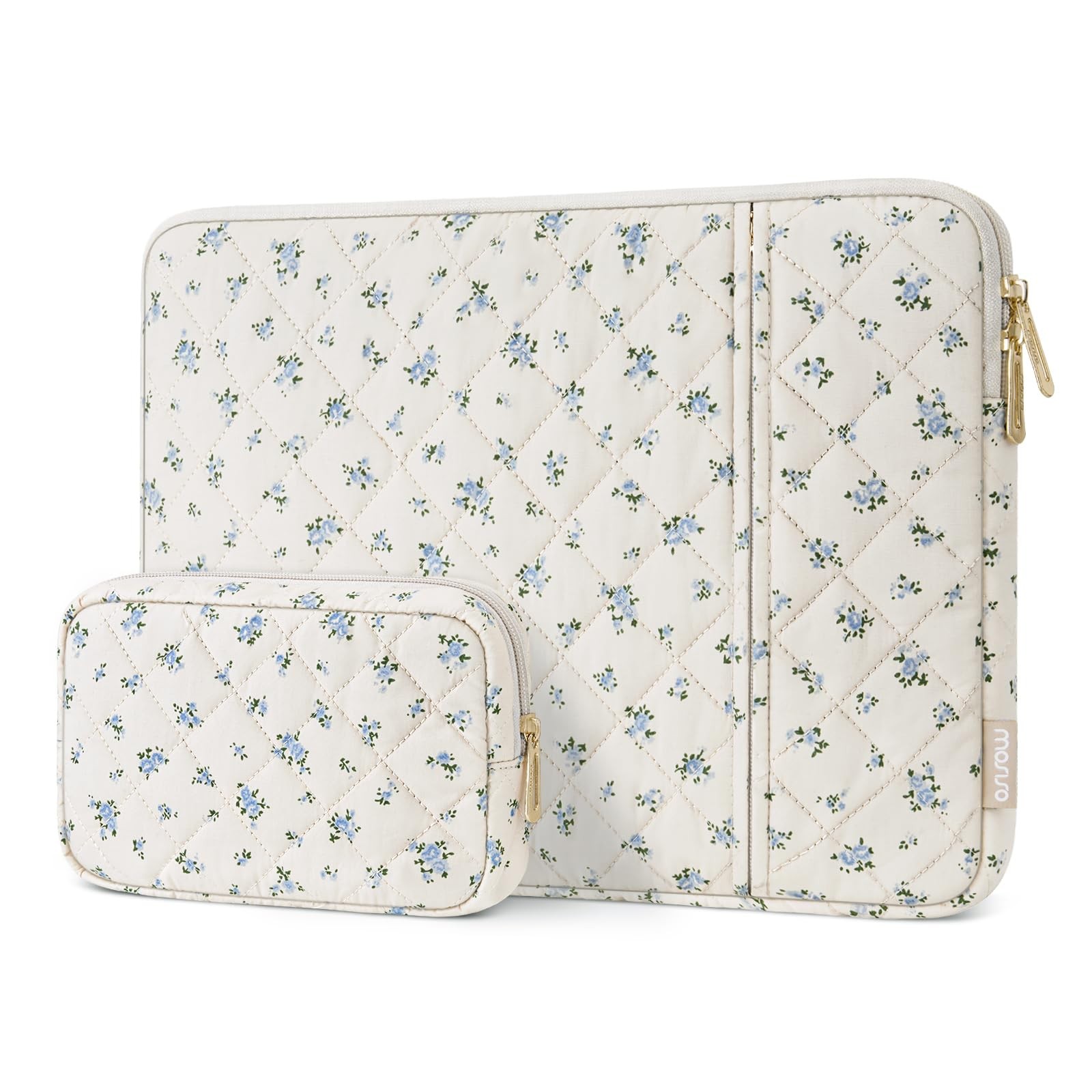 MOSISO 13-13.3" Puffy Laptop Sleeve Case Quilted Floral Bag Blue for MacBook