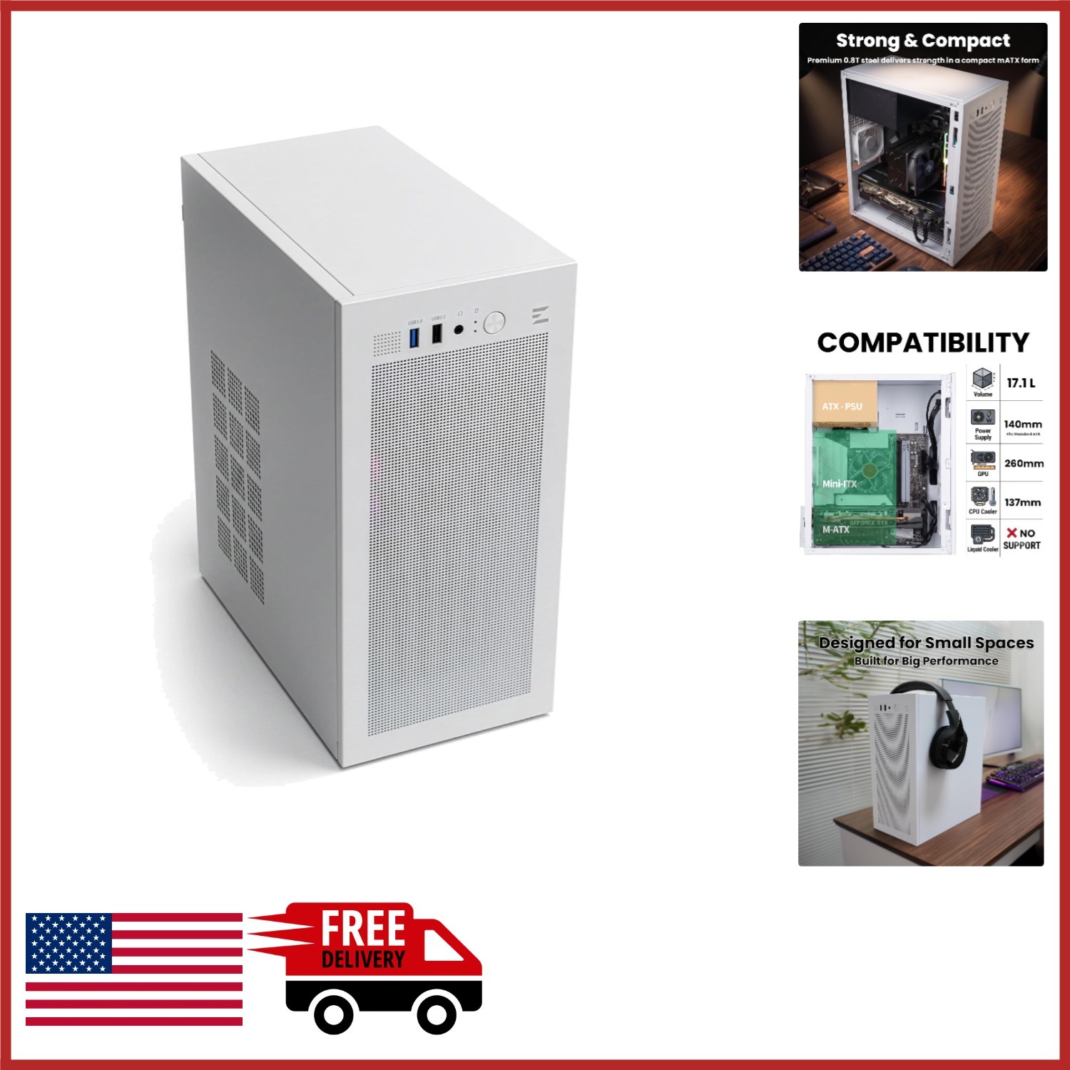 White Mini Tower PC Case for Micro ATX ITX with 80mm Fan and USB Ports