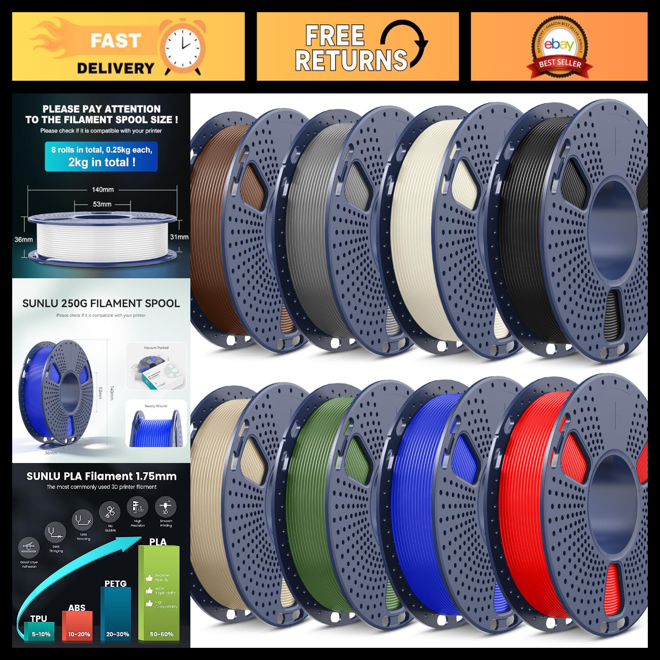 250G PLA Filament 8 Color Bundle, Multicolor 2kg 3D Printing Supplies, High Qual