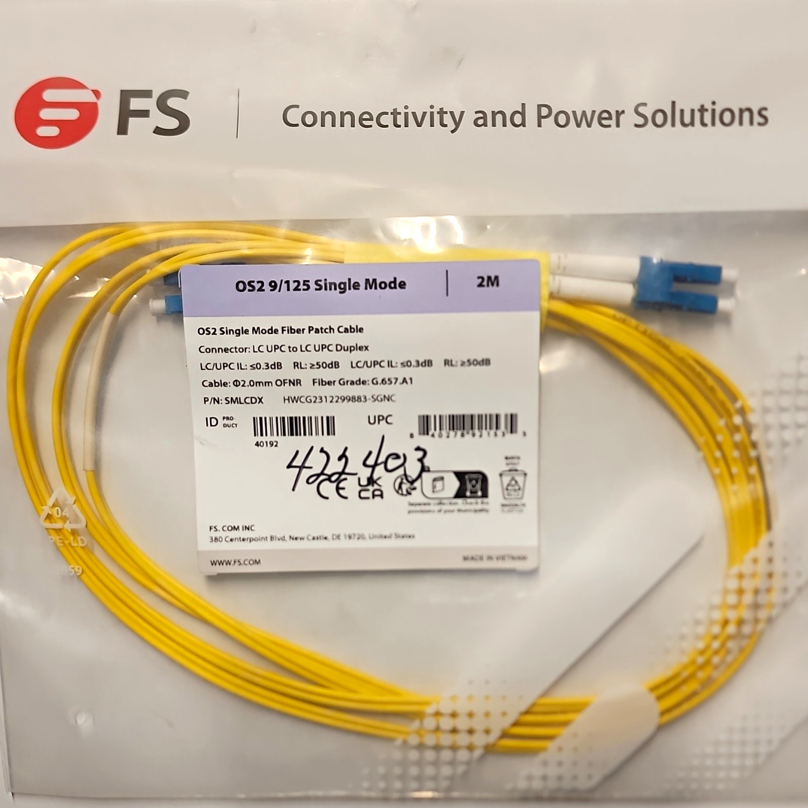 FS OS2 9/125 Single-Mode LC-LC Optical Fiber Patch Cable 2M Yellow