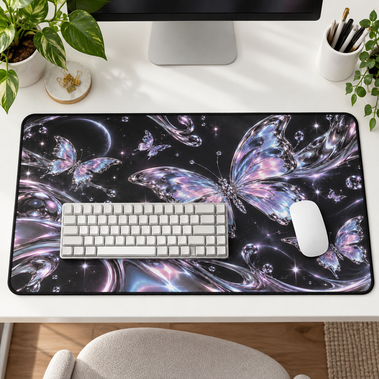 Iridescent Butterfly Desk Mat, Galaxy Mouse Pad, Y2K Pink Blue Gamer Decor