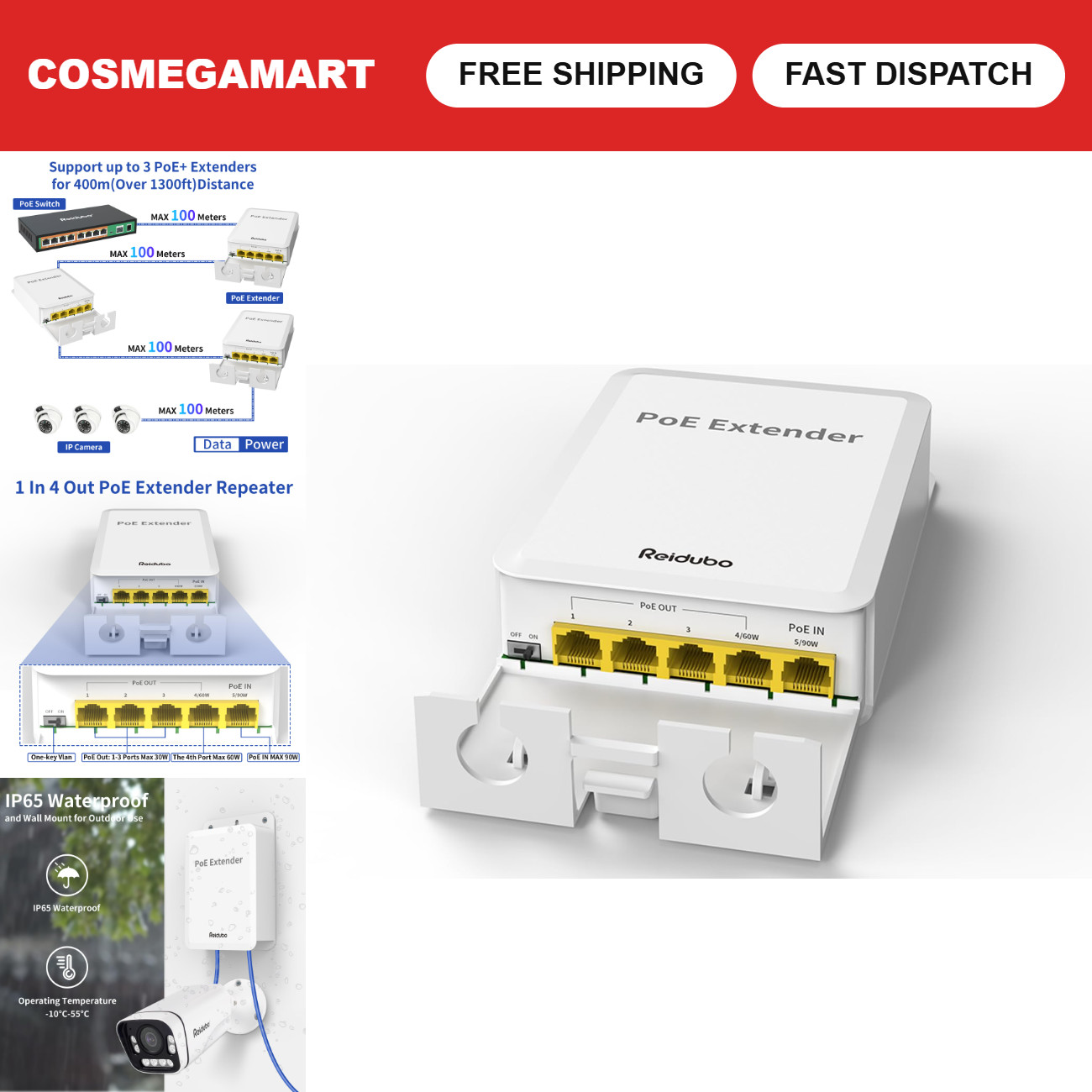 5-Port Outdoor PoE++ Gigabit Extender, 1000Mbps PoE Repeater, IP65 Waterproof, 1