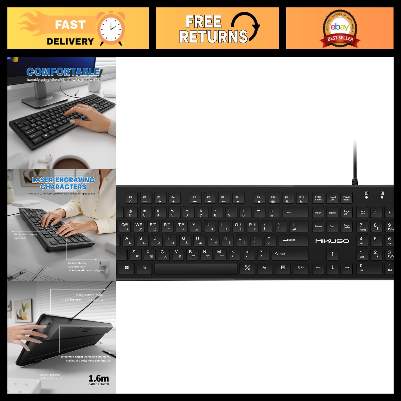 Full-Size USB Wired Keyboard - 104 Keys, Korean & English Laser-Etched Letters