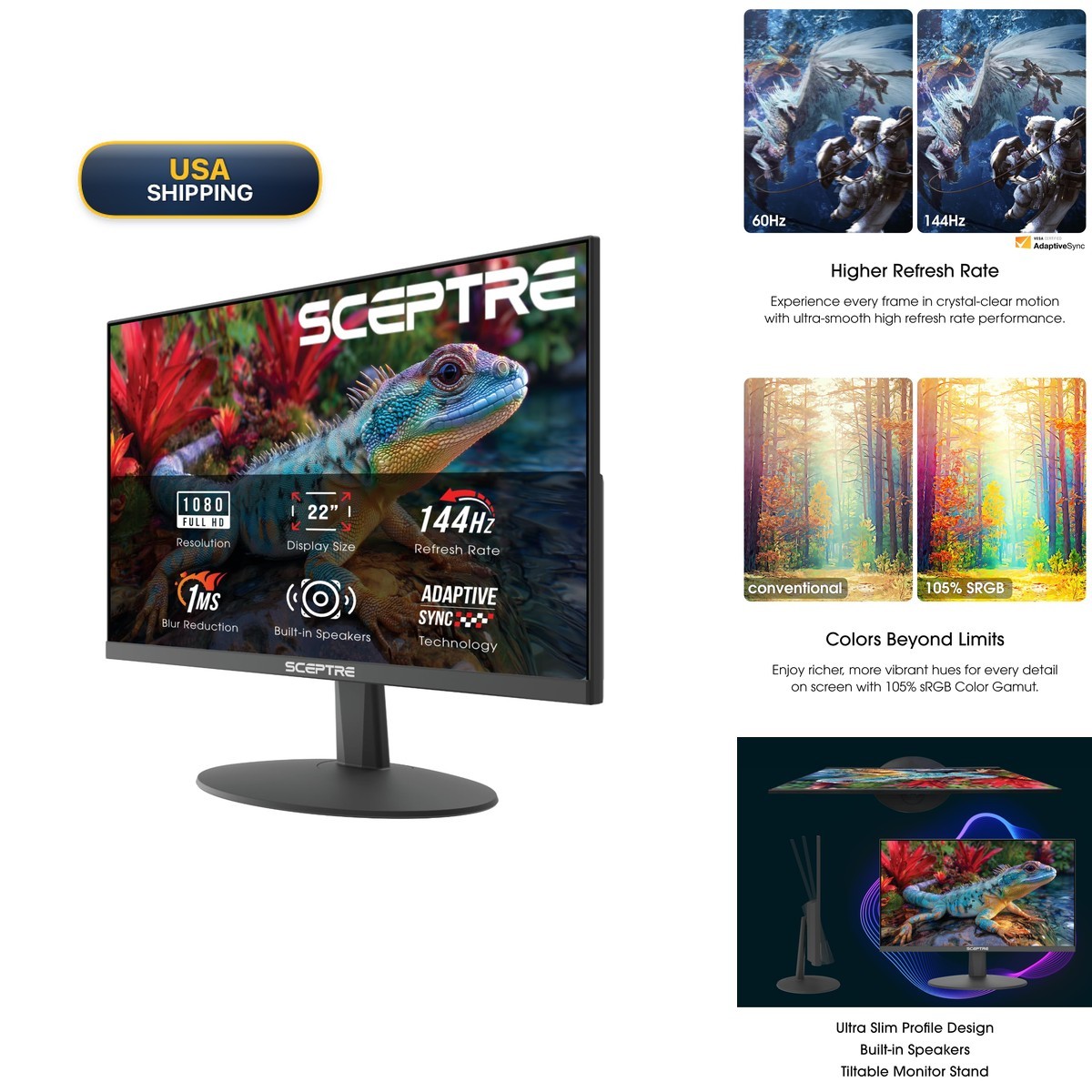 Sceptre E225W-FW144 22-Inch Gaming Monitor Machine Black