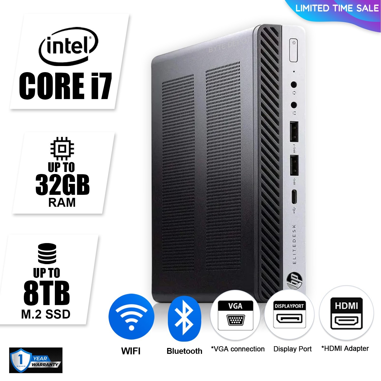 HP Mini Desktop Computer PC i7, up to 32GB RAM 1TB SSD,  Windows 11/10, WiFi