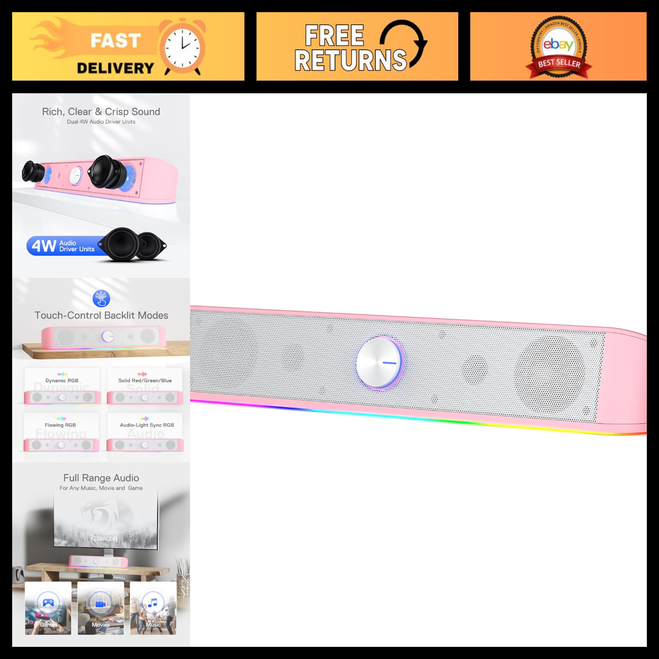 RGB Desktop Soundbar with Dynamic Lighting & Audio Sync - Gaming Sound Bar
