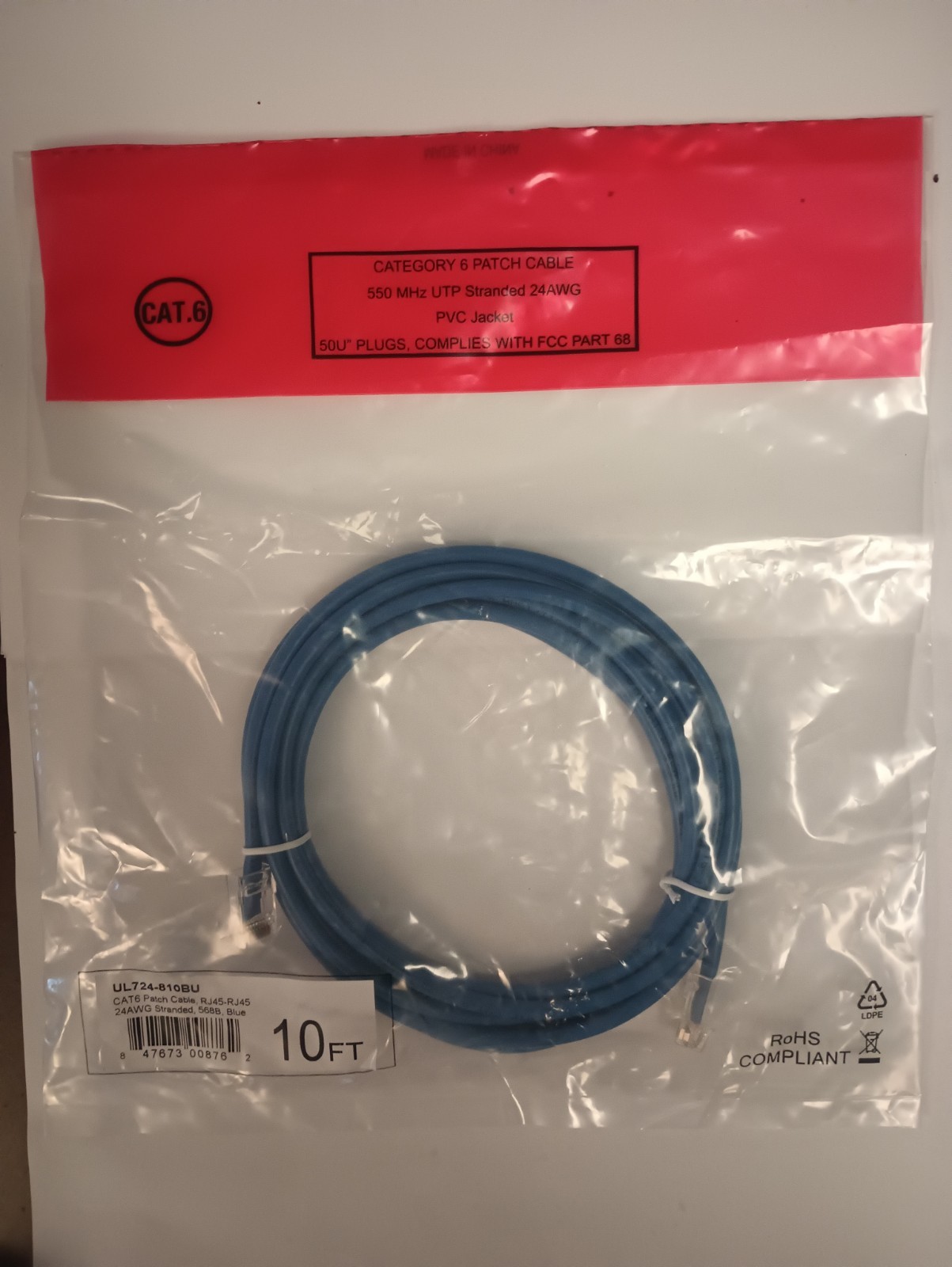 10 Ft Blue Cat6 Patch Cable RJ45-RJ45 24AWG Stranded UL724-810BU
