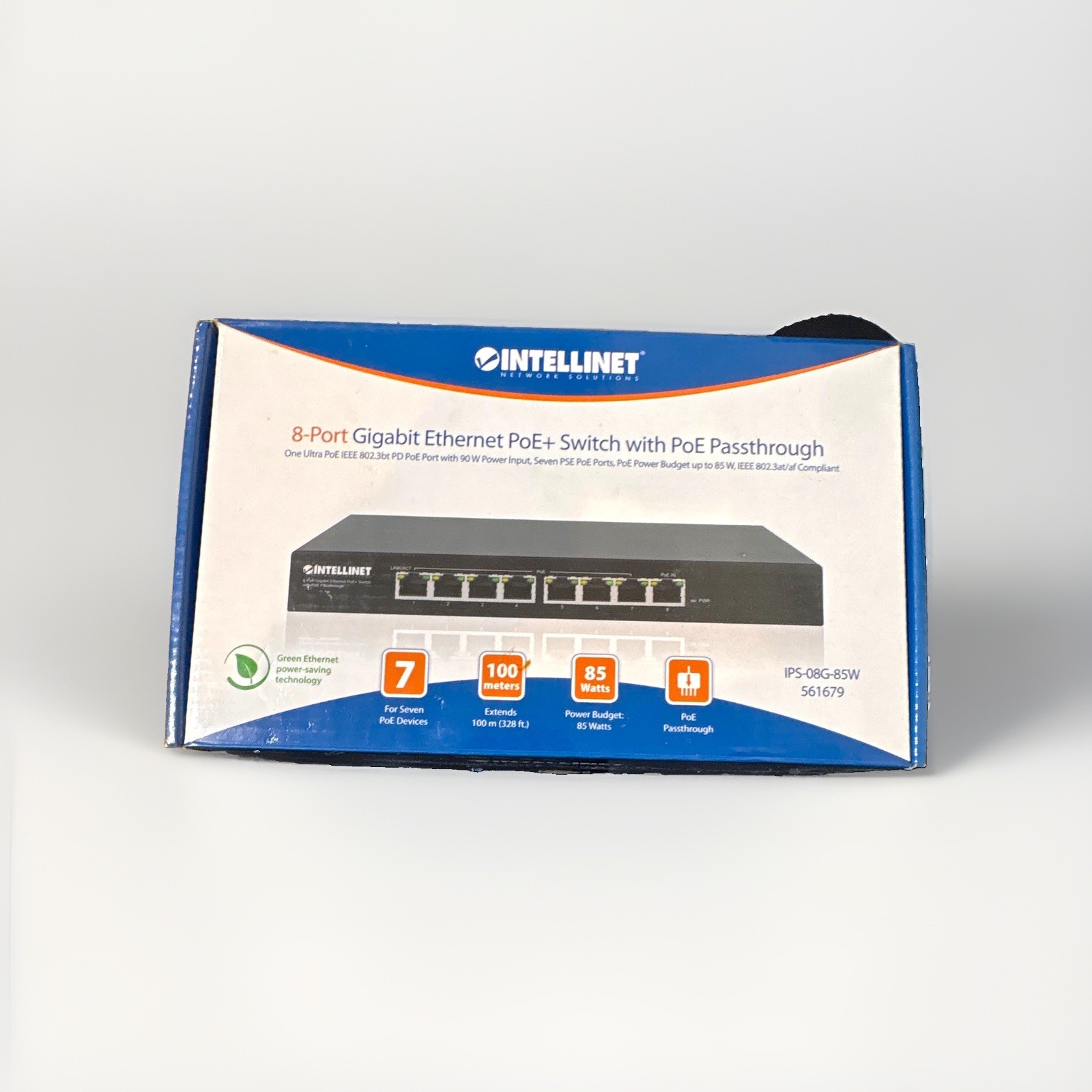 Intellinet IPS-08G-85W 8-Port Gigabit PoE+ PoE Passthrough Unmanaged RJ-45
