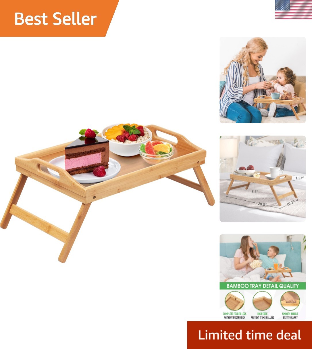 Lightweight Bamboo Serving Tray Table with Sturdy Design for All Ages - 1.12 Kg