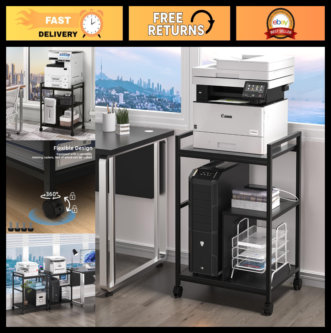 Mobile Printer Stand with Charging Station & USB Ports, 3-Tier Rolling Cart, Loc