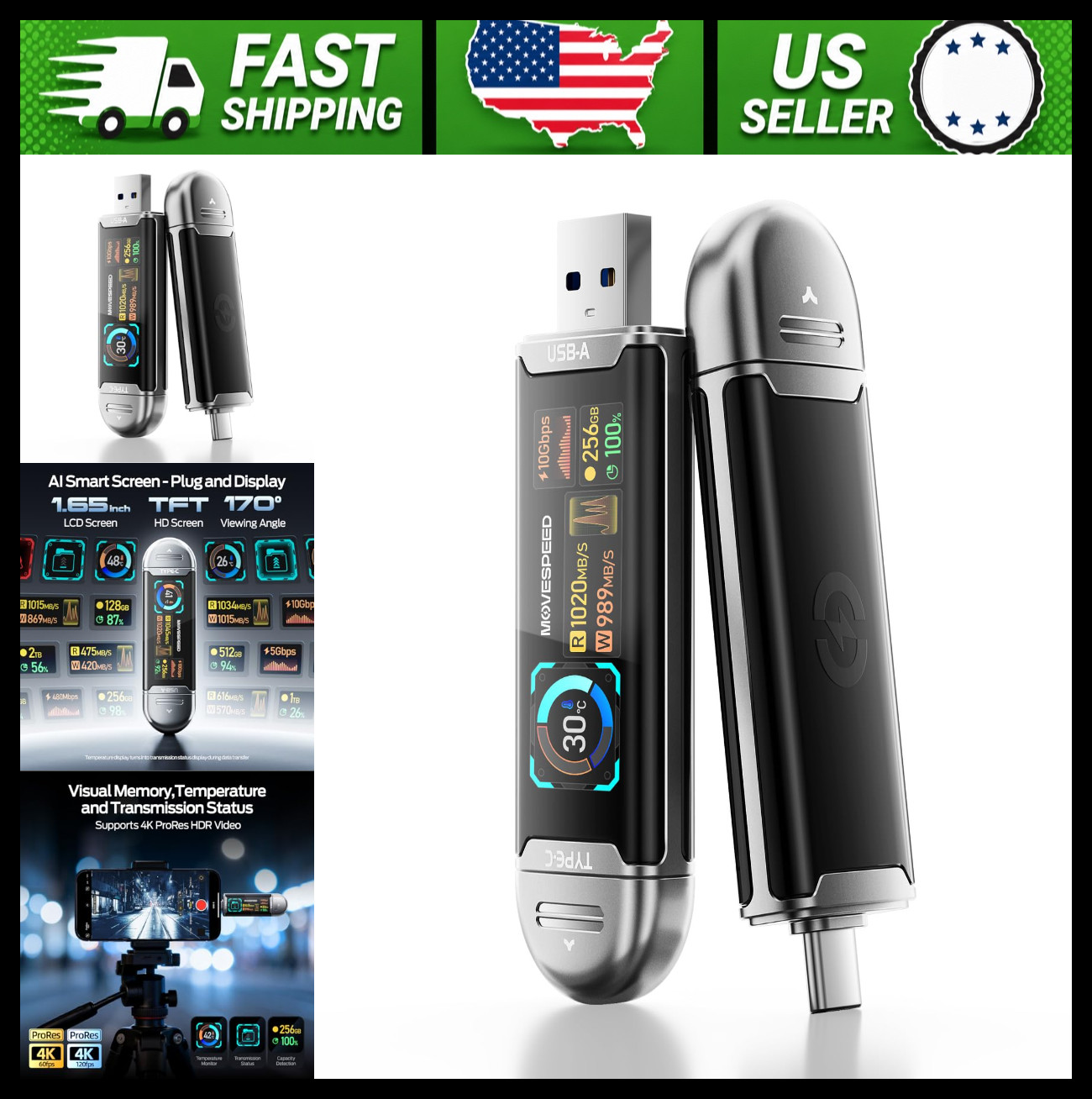 MOVE SPEED 256GB USB-C SSD Flash Drive Smart Display for iPhone Android Mac PC