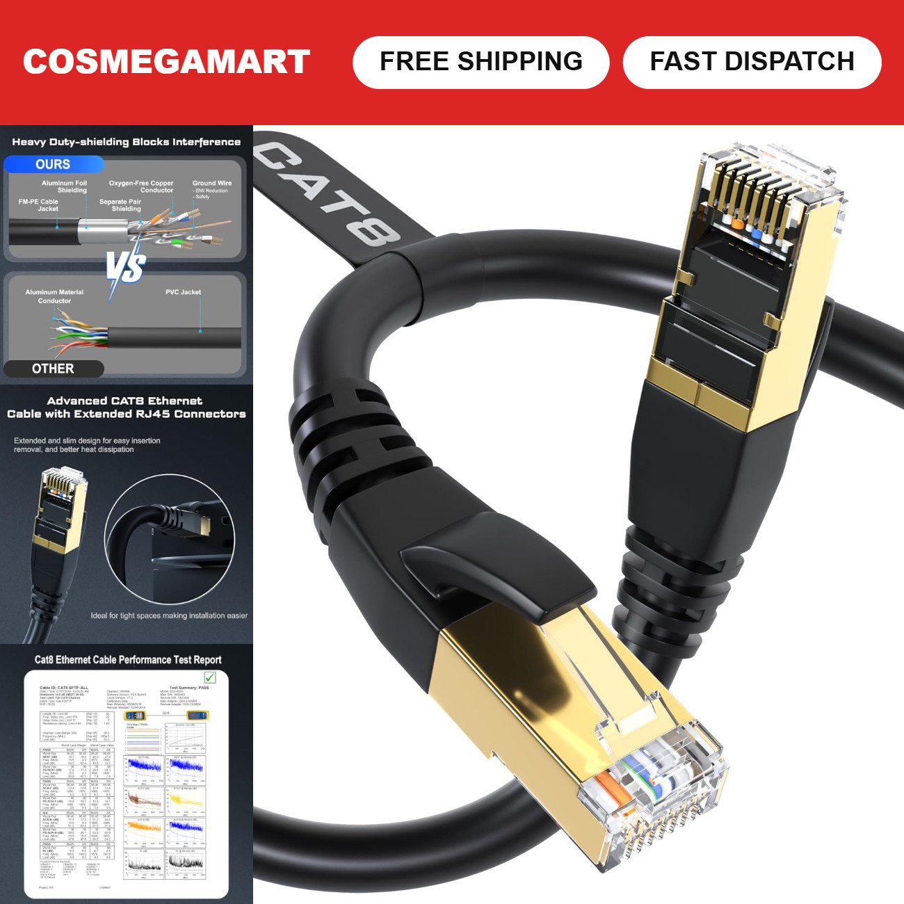 High-Speed Cat 8 Ethernet Cable 65FT, 40Gbps, 2000MHz, RJ45 LAN Network Cable