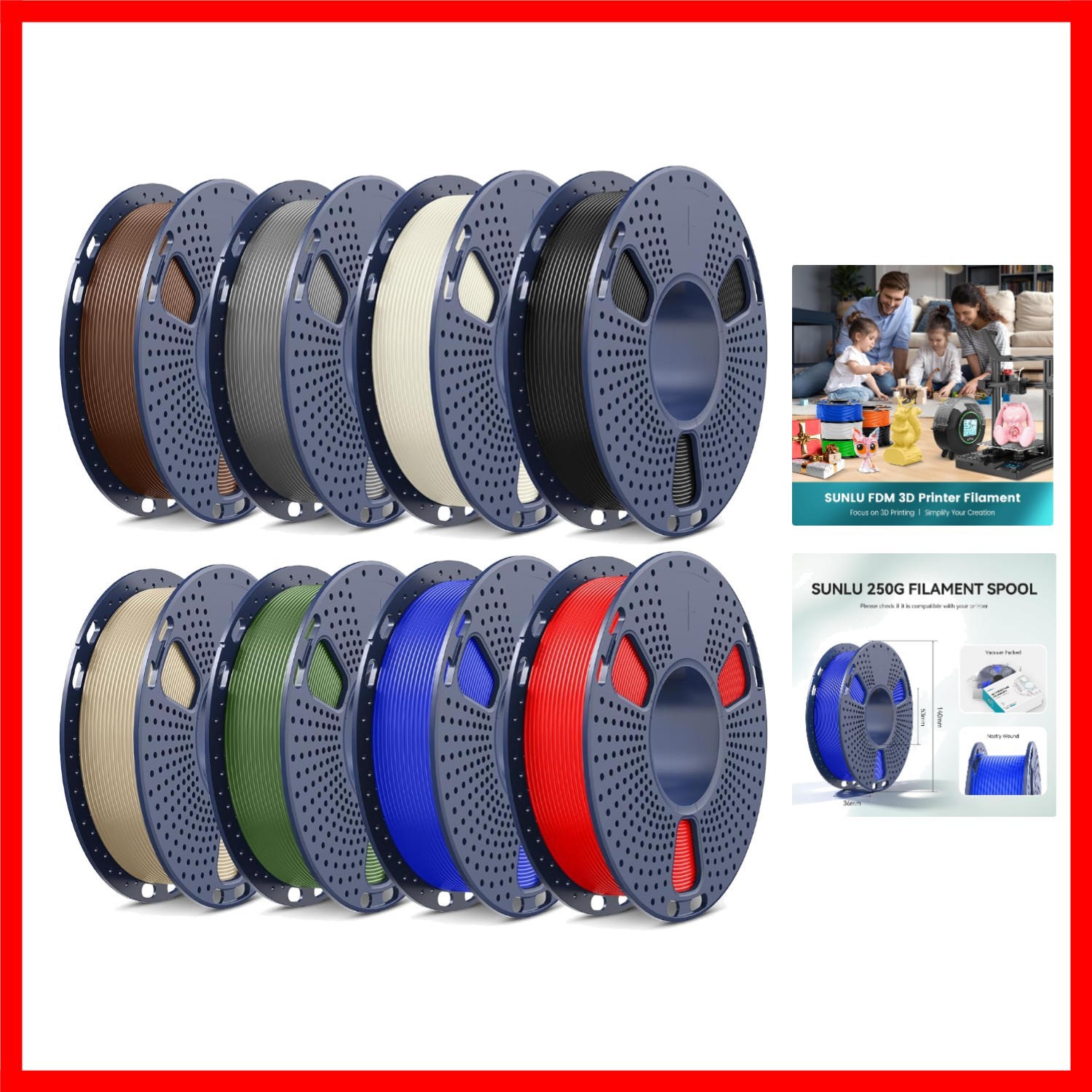 250G PLA Filament 8 Color Bundle Multicolor, 2kg in Total