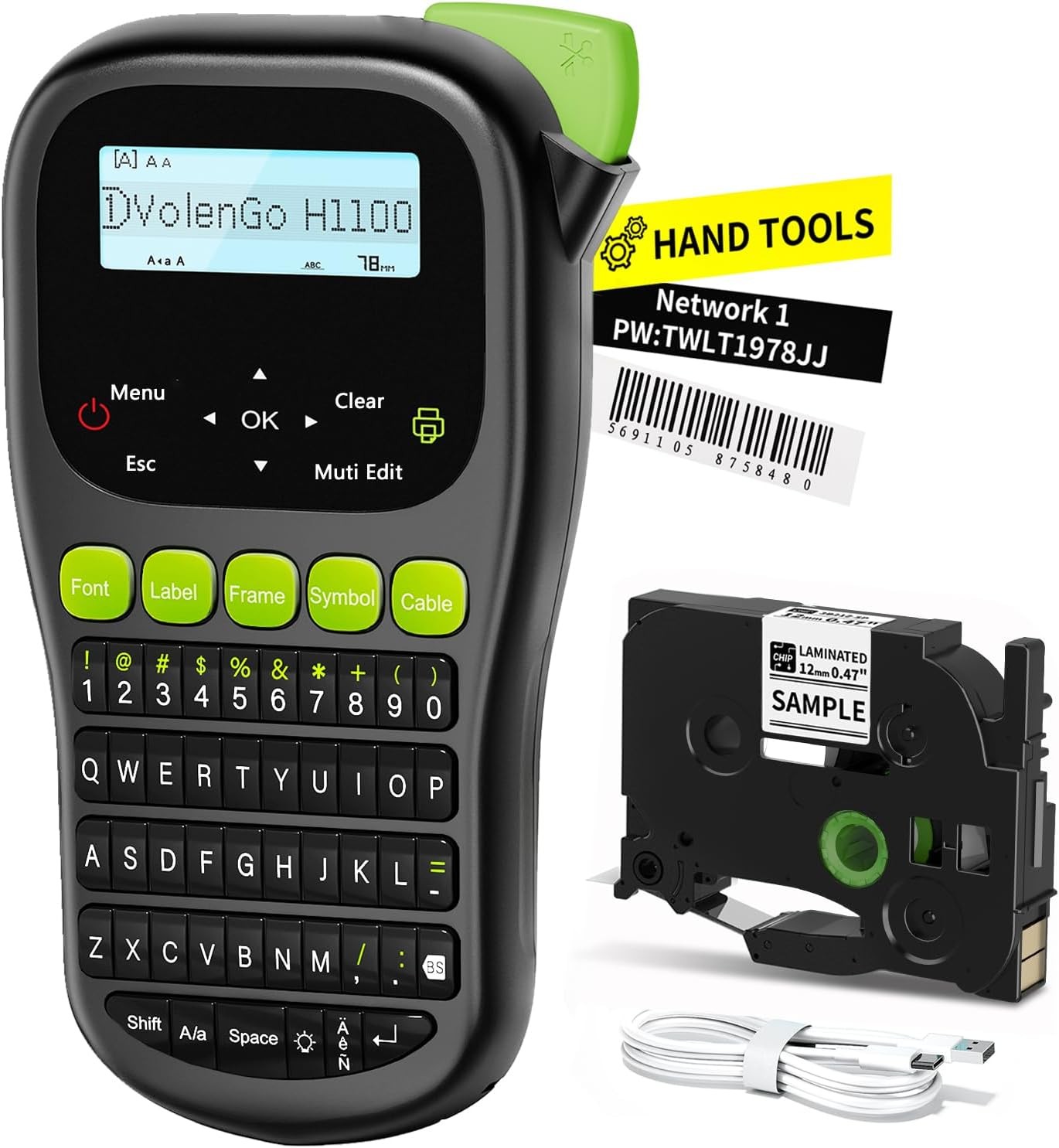 Phomemo H1100 Label Maker Handheld Backlit Label Printer with White a Tape(12mm)