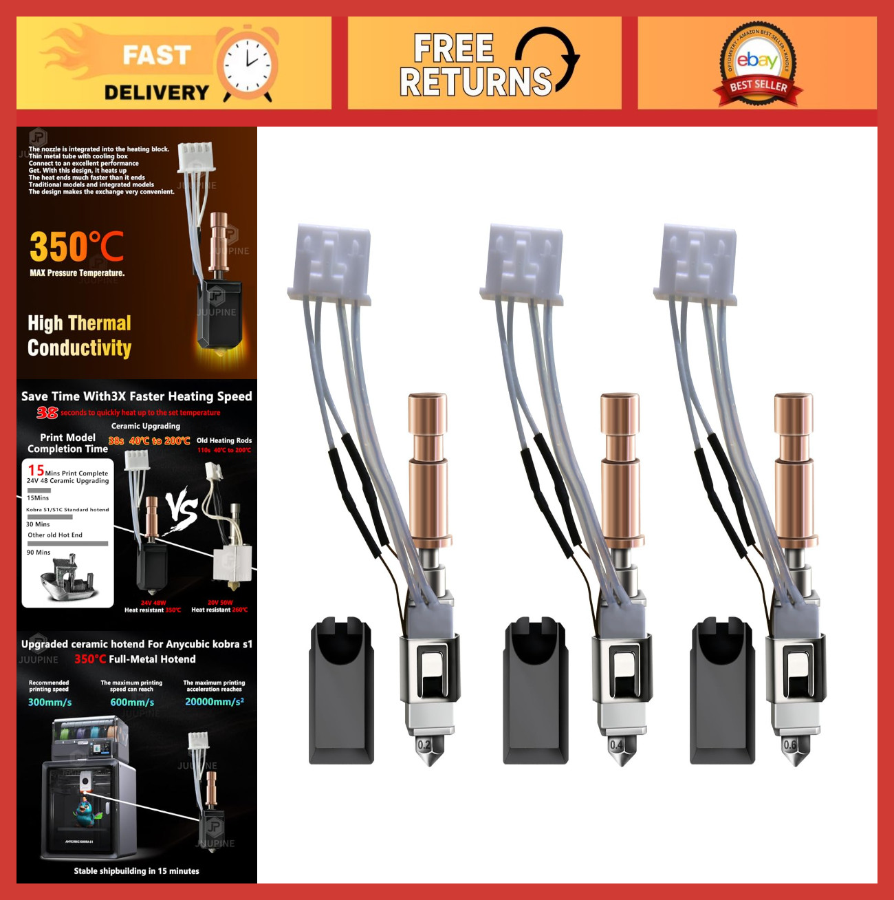 3 Pack Ceramic Hotend Kit 0.2/0.4/0.6MM for 3D Printer Extruder Upgrade