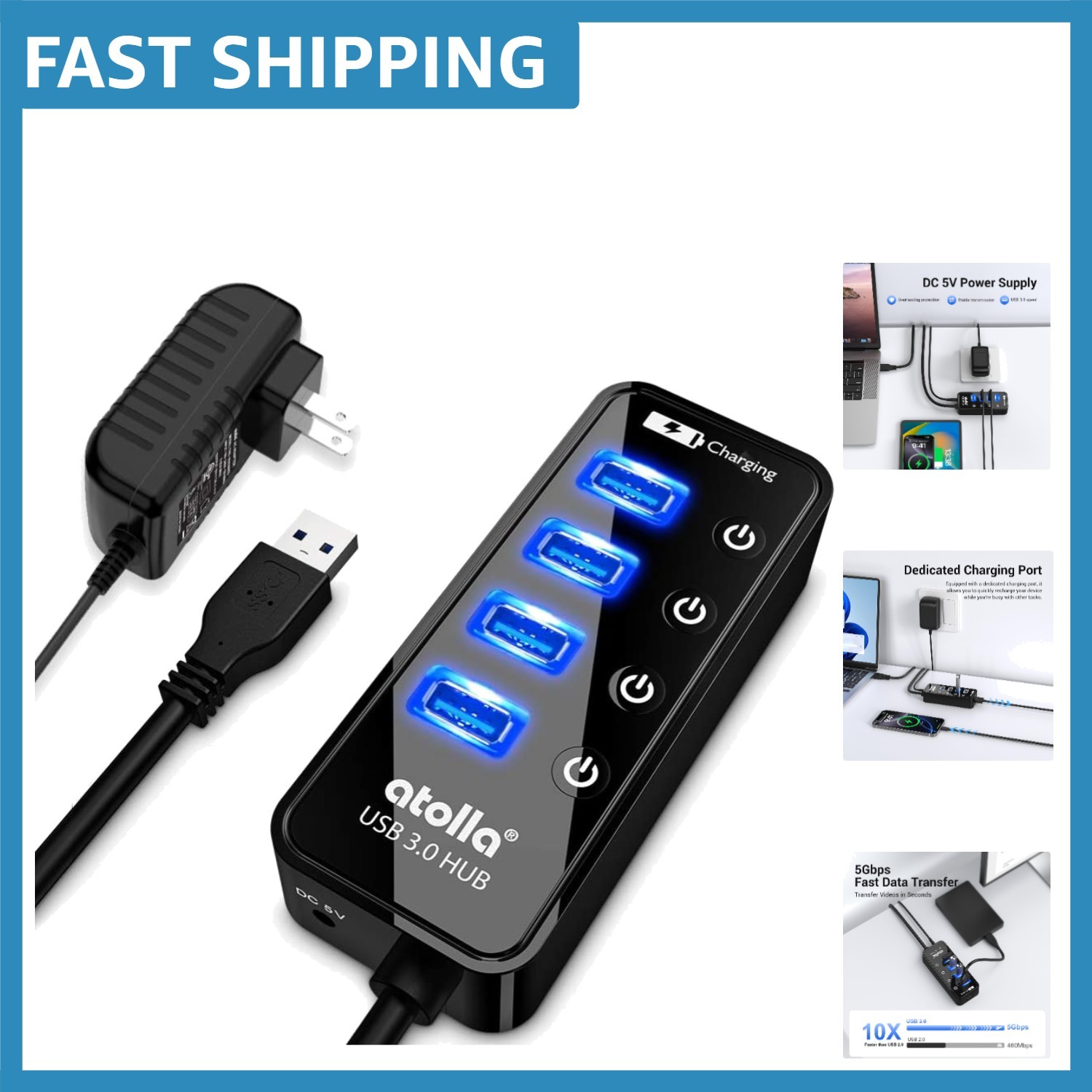 Sleek USB 3.0 Hub with 4 Data Ports & 1 Charging Port - Compatible & Stylish