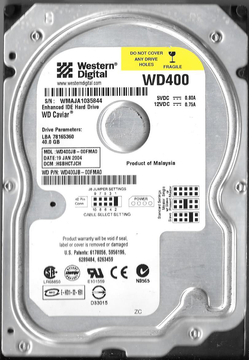 WESTERN DIGITAL WD400JB-00FMA0 40GB IDE HARD DRIVE  DCM: HSBHCTJCH