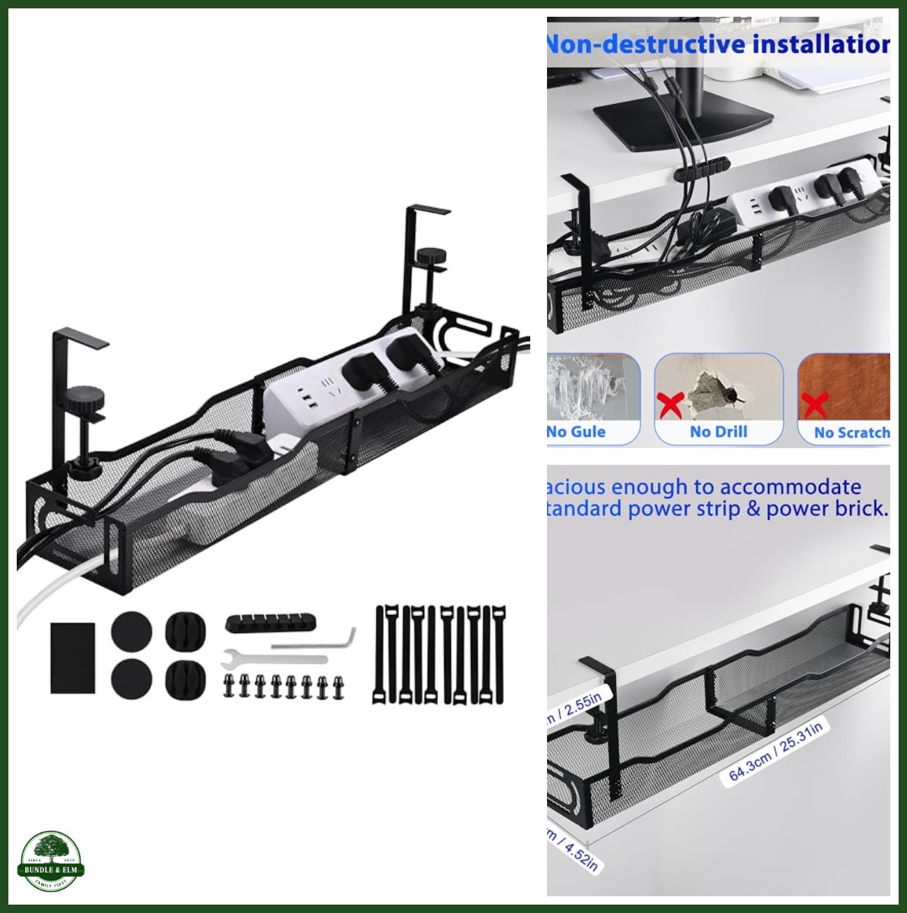 Under Desk Cable Management Tray 25.3 Inch Clamp-On Organizer for Cables