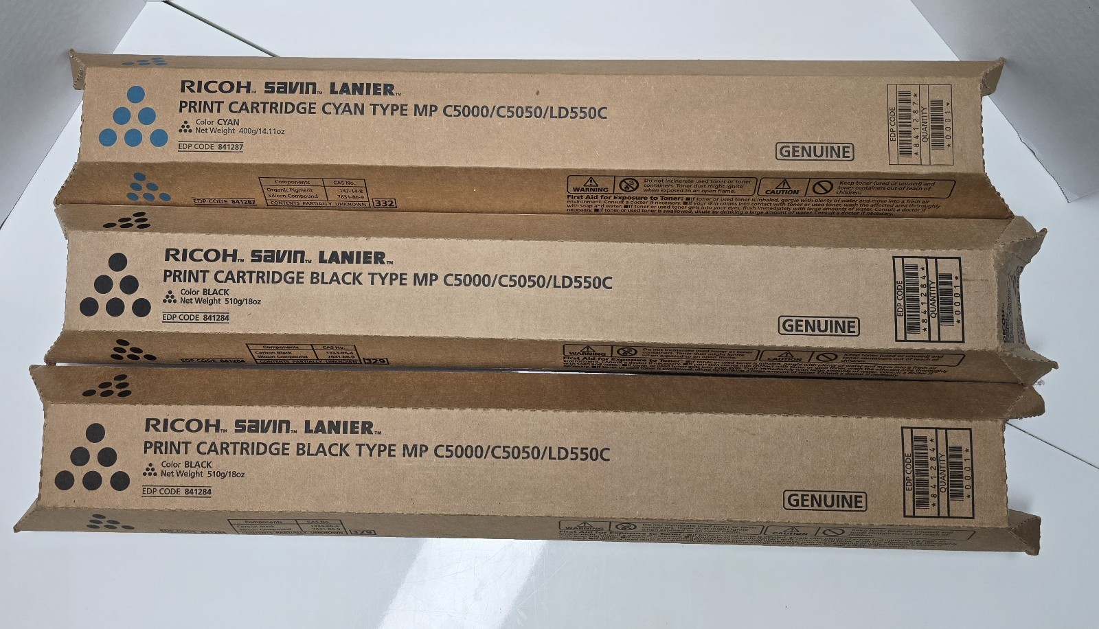 3 Genuine Ricoh Savin Lanier MP C5000/C5050/LD550C Toner Cartridges- 2BLK, 1CYN