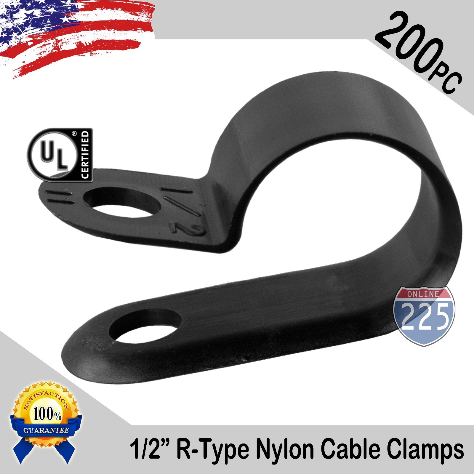 200 PCS PACK 1/2" Inch R-Type CABLE CLAMPS NYLON BLACK HOSE WIRE ELECTRICAL UV