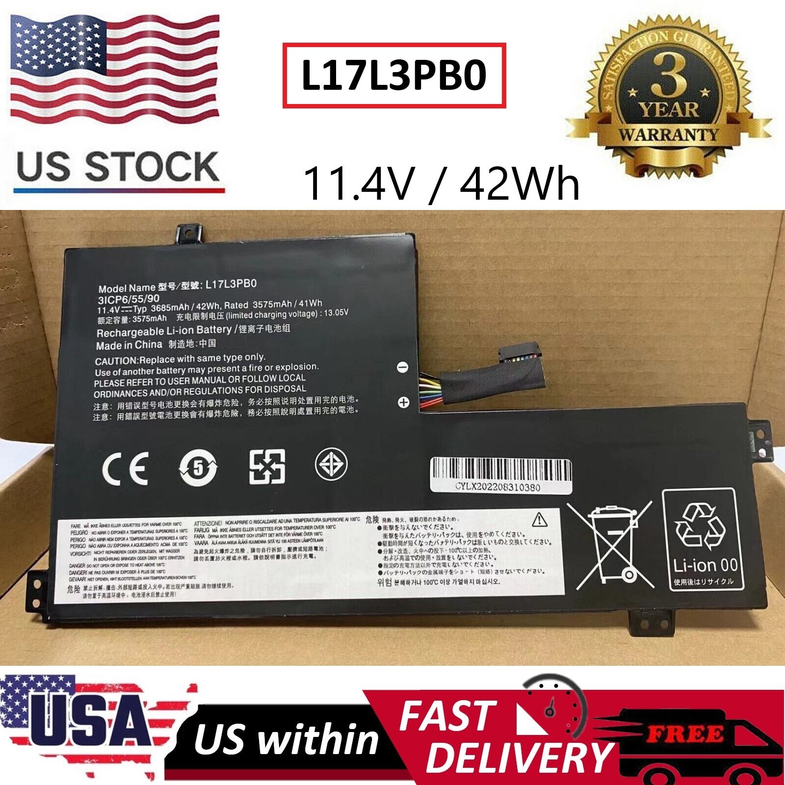 New L17L3PB0 L17M3PB0 Battery For Lenovo 100e 300e 500e Chromebook Series 42Wh