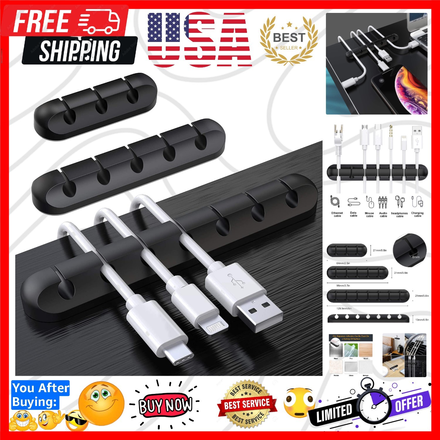 3 Pcs Silicone USB Cable Holder Clips, Self Adhesive - Black | for Desktop Ch...