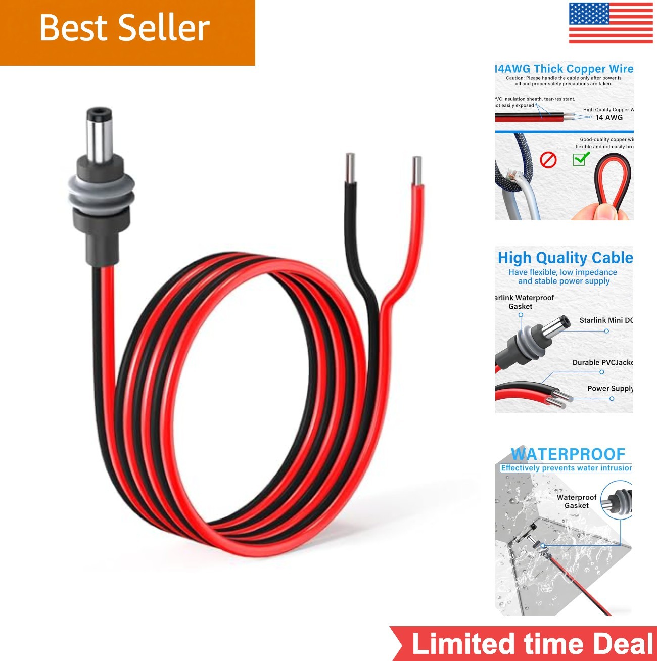 Starlink Mini Power Extension Cable 3.2Ft 14AWG IP65 Waterproof DC 5.5mm x