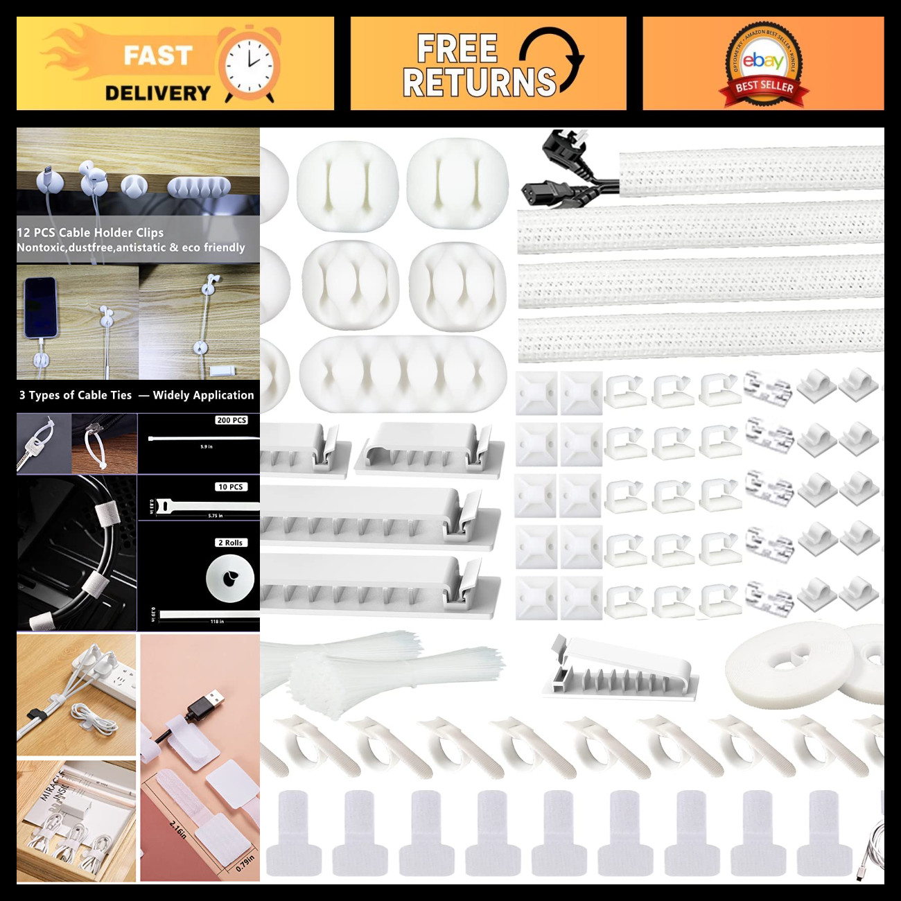 Cable Management Organizer Kit - 4 Cable Sleeves, 311 Pcs, Tidy Up Wires