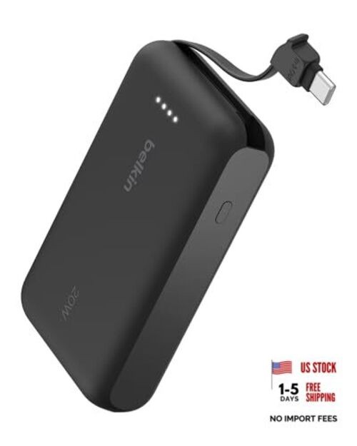 Portable Charger Power Bank USB C, 10000 mAh w/Integrated Cable, Black 10K mAh