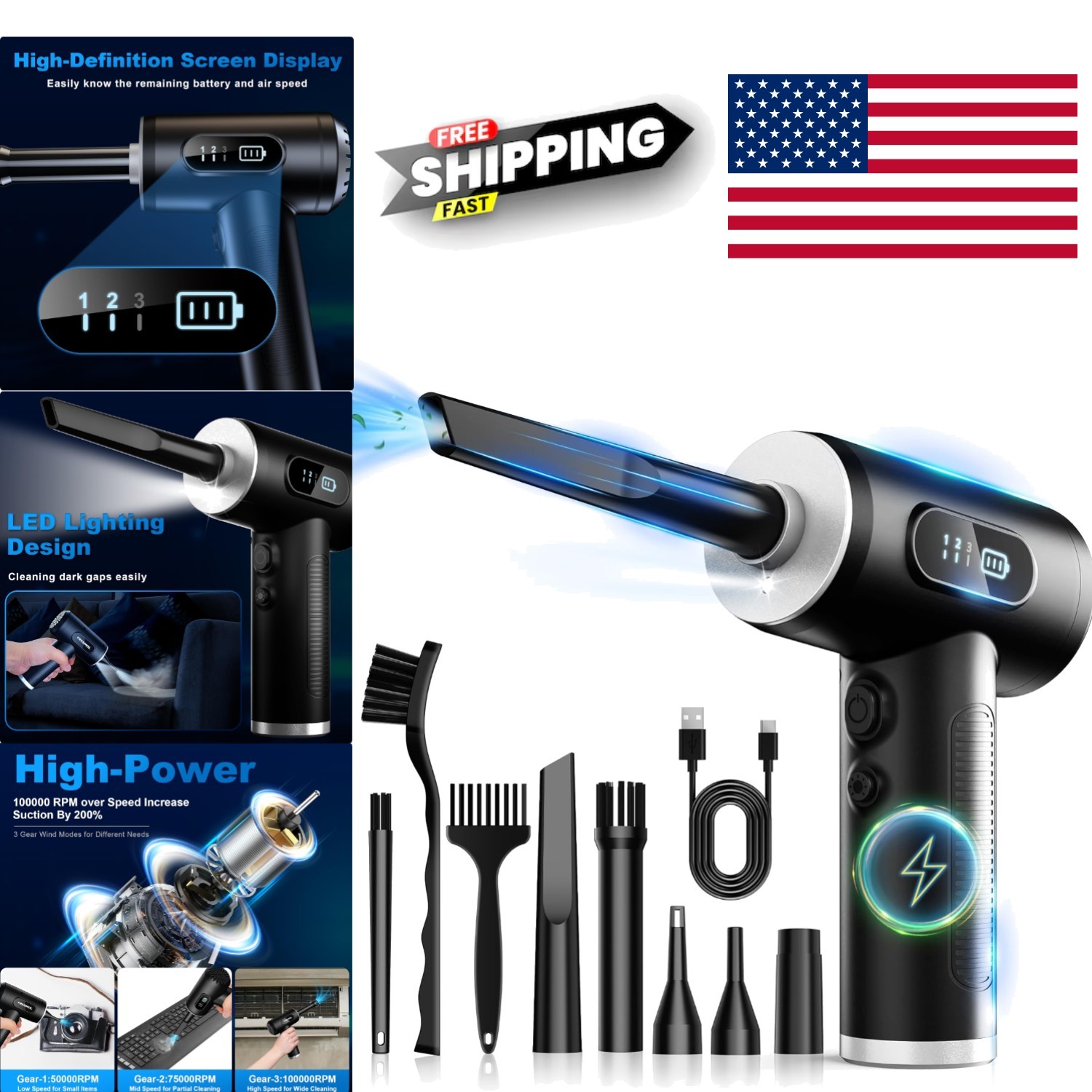Cordless Air Blower with LED Light for Effective Cleaning of Hard to  Areas