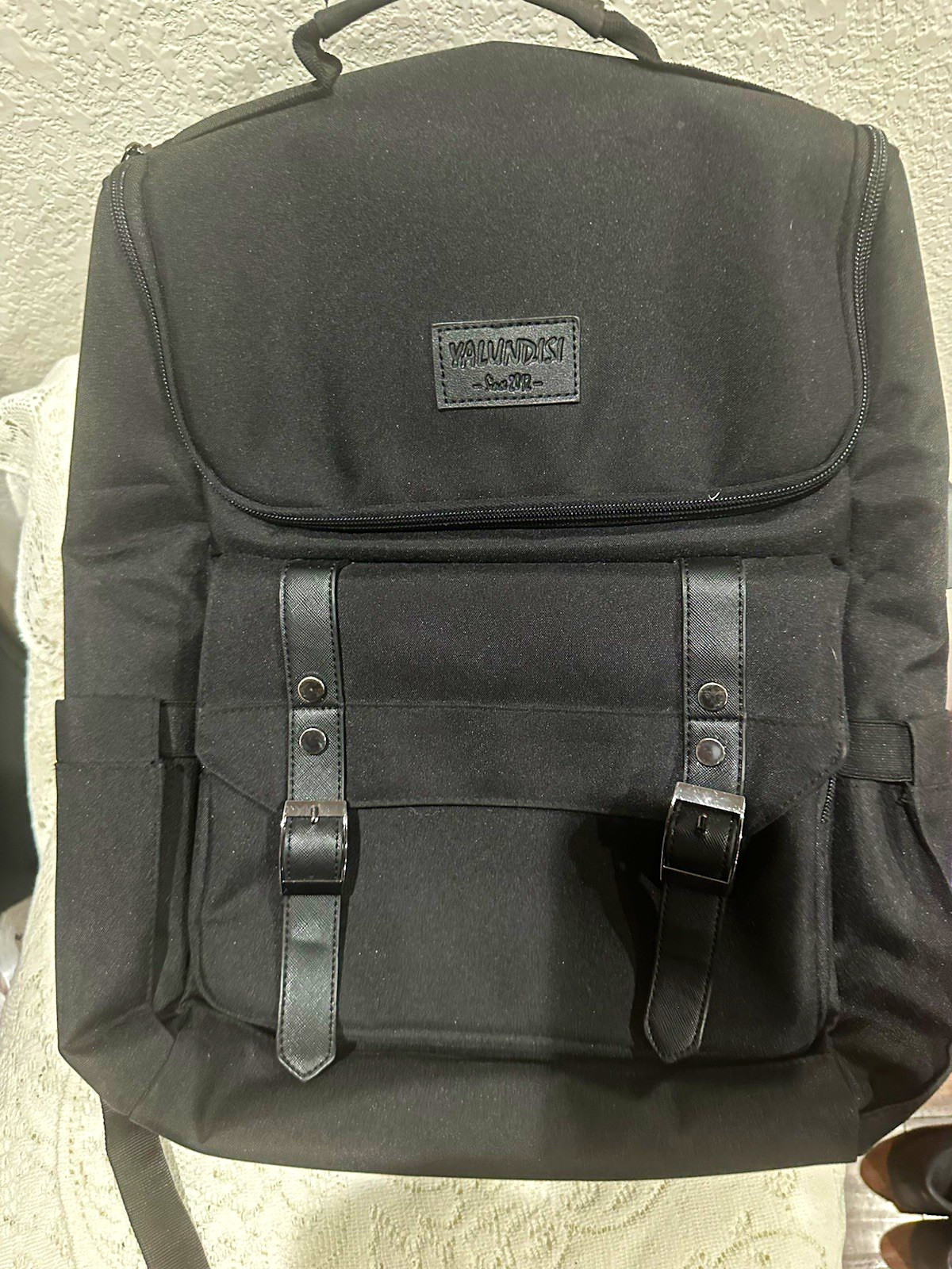 Yalundisi Black Canvas Laptop Backpack Bag Padded Compartments Solid Pattern