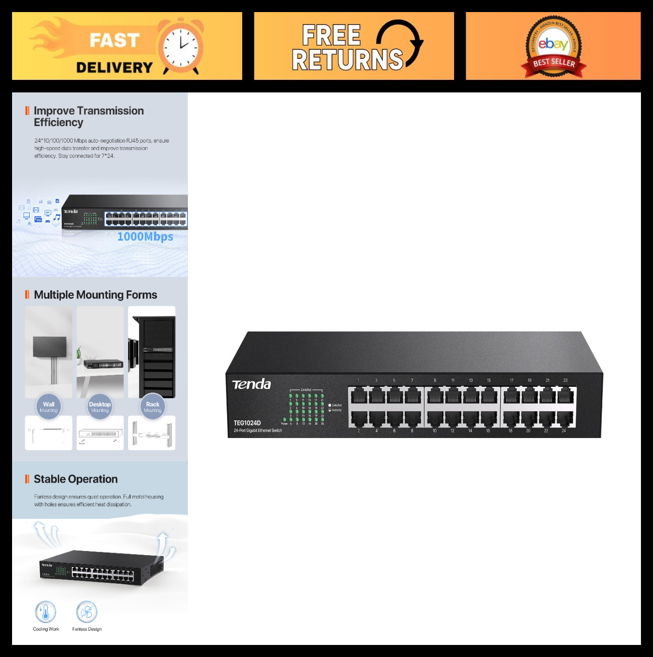 24-Port Gigabit Ethernet Switch | Rackmount Unmanaged Network Switch | Plug & Pl