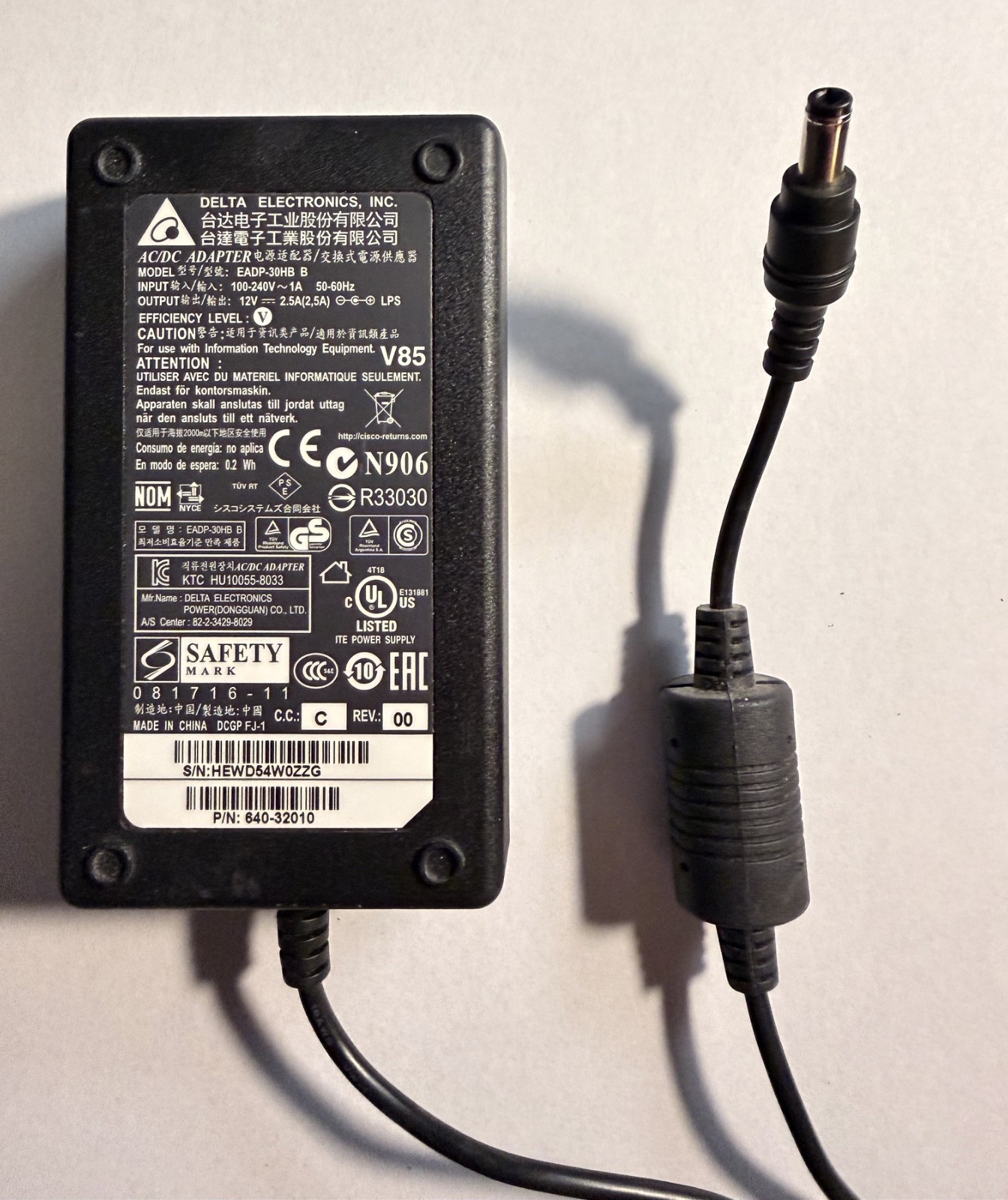 Delta Electronics EADP-30HB-B AC/DC Power Supply Adapter, 341-0307-02-AO, 12VDC