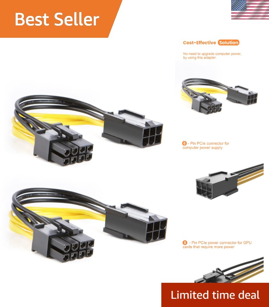 Portable 6-Pin to 8-Pin PCIe Power Adapter Cable - 2-Pack, Safe & Versatile