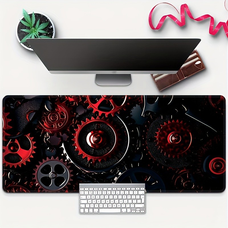 [2D Flat Printing] 1pc Red Gear Pattern Desk Mat with Non-Slip Rubber Base, Ga